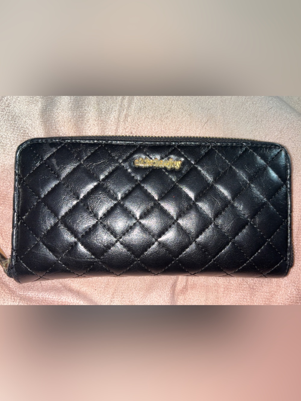 Olivia + Joy Black Quilted Zip-Around Wallet with Gold Logo